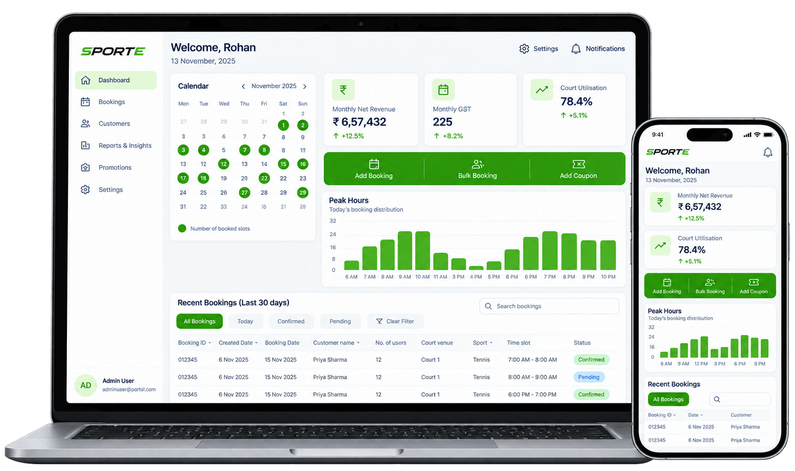 The SportE admin dashboard shown on a laptop and phone